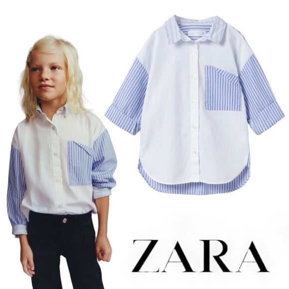 ZARA Kids | White & Blue | COMBINATION POPLIN SHIRT - Picture 1 of 6